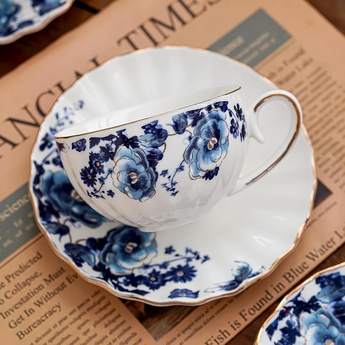 Tea Cup and Saucers, 6.4oz Floral Tea Cups with Gold Trim, Porcelain Bone China Teacup, Coffee Cappuccino Espresso Latte Mugs for Party Birthday,Christmas Gift (White with blue flower) - Bloomnest