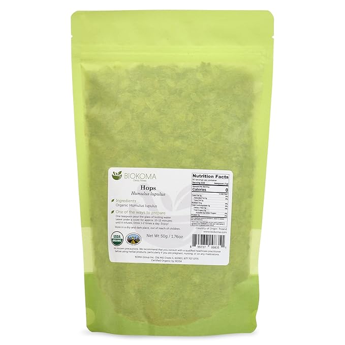 Biokoma Pure and Organic Hops Dried Flowers 50g (1.76oz) In Resealable Moisture Proof Pouch, USDA Certified Organic - Herbal Tea, No Additives, No Preservatives, No GMO, Kosher - Bloomnest