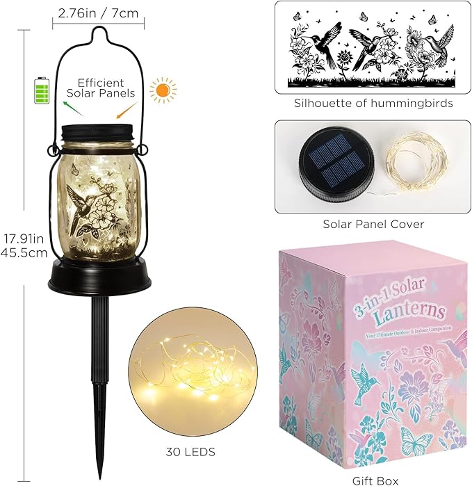 Hummingbird Solar Lantern Outdoor Garden Decor, Gifts for Women Mom Gradma Birthday Gifts, Hanging Solar Light Lawn Ornaments Home Decoration Outside for Yard, Patio,Backyard,Porch, Pathway Torch - Bloomnest