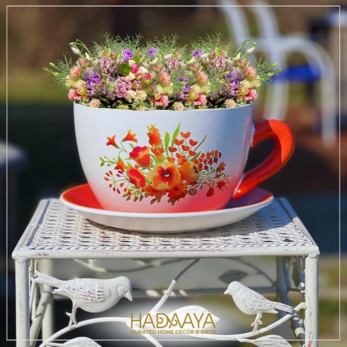7.5" Round Ceramic Teacup Shape Planter Pot with Saucer for Succulents Orchids Herbs Cactus Indoor Houseplants Flowers for Home Garden and Event Decor – Orange Poppy Floral - Bloomnest