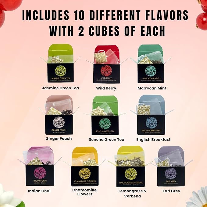 Ceremonie Tea Gourmet Variety Sampler Pack - Collection of 10 Assorted Single Serve Flavors - 20 Petite Mini Cubes with 2 Cubes of each Flavor - Ideal Gift for Tea Lovers - Bloomnest