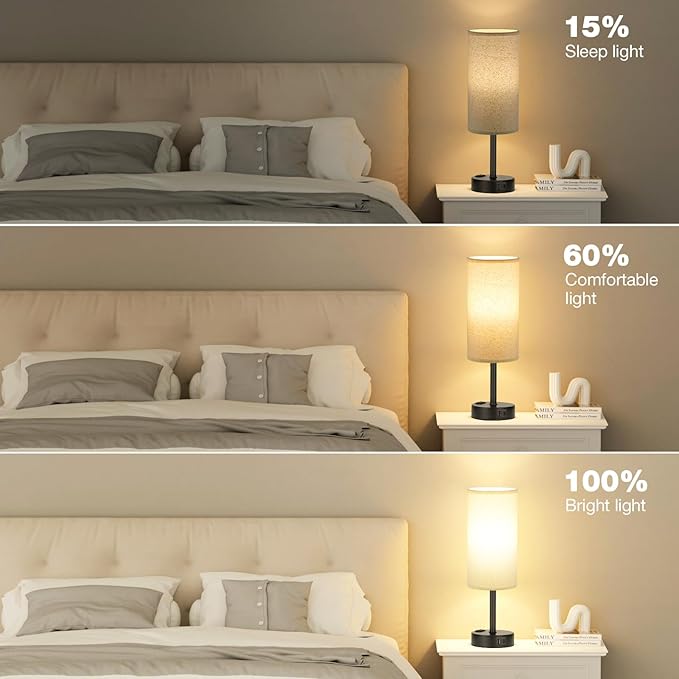 Fenmzee Beige Touch Table Lamp for Bedroom - 3 Way Dimmable Bedside Lamp USB C Charging Ports and AC Outlet, Small Lamp with Fabric Shade Black Base for Living Room, Office Desk, LED Bulb Included - Bloomnest