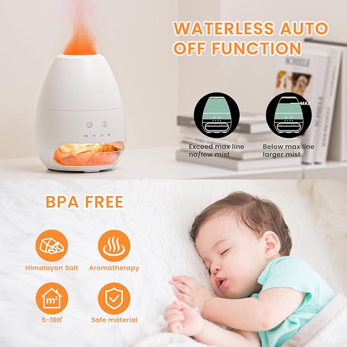 Ultrasonic Essential Oil Diffuser with Himalayan Salt Rock,Flame Diffuser with 2 Color Light,Aromatherapy Oil Diffuser with Auto Off Function for Home, Office,Spa,100ML - Bloomnest