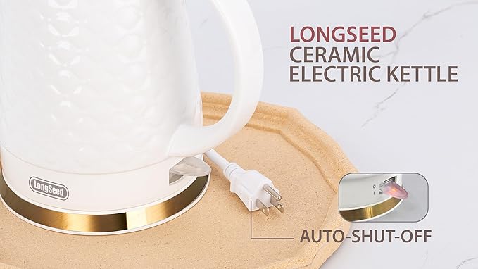 Ceramic Electric Kettle, 1.5L/1200W Boil Water Quickly and Easily with Boil-Dry Protection Auto Shut Off, Detachable Swivel Base, White Relief Carving - Bloomnest