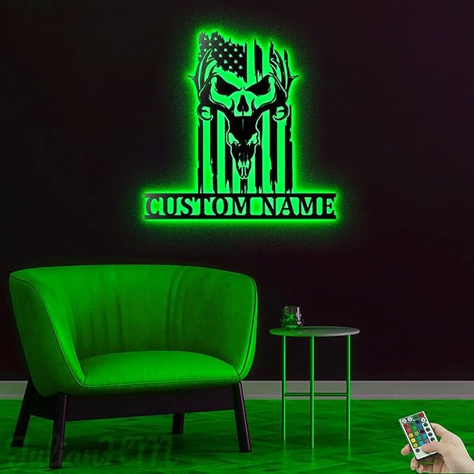 Lovely POD Personalized Hunting Metal sign, Hunting Art, Custom US Skull Deer Hunter Metal Wall Art With Led Lights, Personalized Hunting Name Metal Wall Decor, Hunting Decoration Hanging for Home - Bloomnest