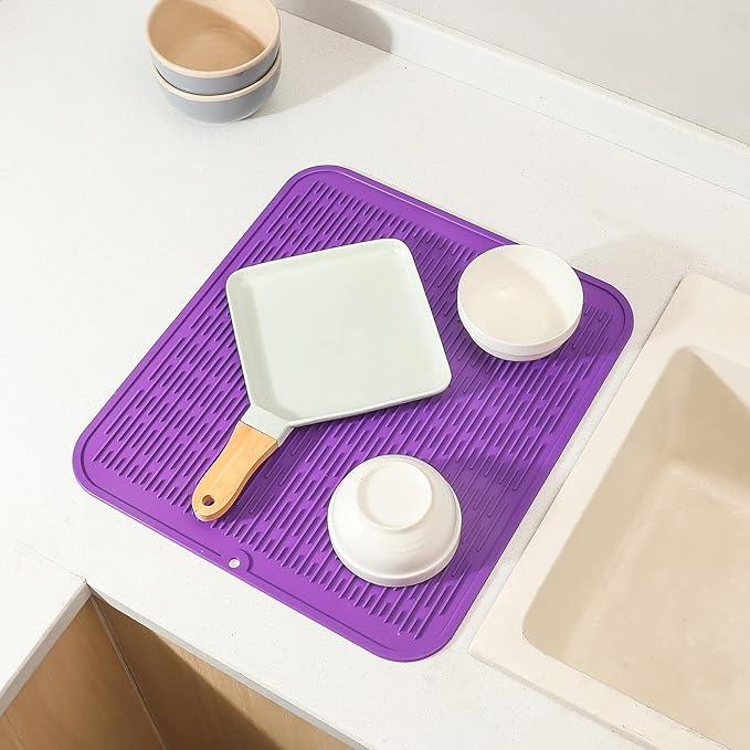Silicone Dish Drying Mat for Multiple Usage,Easy clean,Eco-friendly,Heat-resistant Silicone Mat for Kitchen Counter or Sink,Refrigerator or Drawer Liner Purple XL 18 inches x 16 inches - Bloomnest