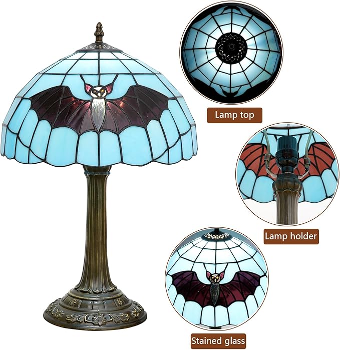 Tiffany Lamp Stained Glass Lamp 12 Inch Tiffany Style Blue Background With Black Bats Bedside Lamp Classical Art Decor Bedroom Living Room Dining Dormitory Table Vintage Home Decor The Ideal Gift - Bloomnest