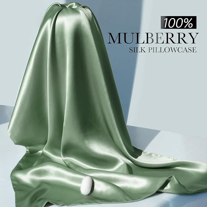 100% Mulberry Silk Pillowcase for Hair and Skin, 22 Momme Pure Natural Silk Pillow Case Both Sided with Zipper, Pillow Cover for Women Mom Men (Matcha, Queen 20''×30'', 1 Pack) - Bloomnest