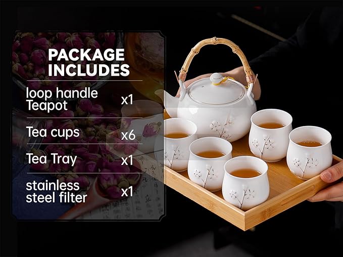 Japanese Tea Set, White Porcelain tea set with 1 Teapot(23 oz/660ml), 6 Tea cups(5.3 oz/150ml), 1 Tea Tray, Golden plum blossom relief, Asian tea sets for adults (Golden plum-White) - Bloomnest