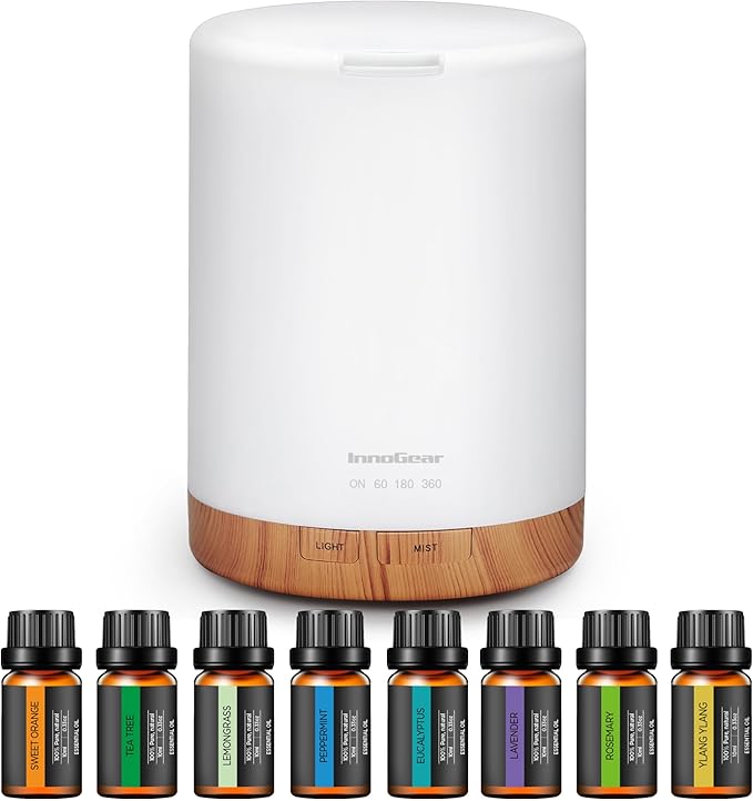InnoGear Aromatherapy Diffuser & 8 Essential Oils Set, 300ml Premium 5-in-1 Ultrasonic Essential Oil Diffusers Scent Humidifier Aroma Diffuser Vaporizer Auto-Off Timer for Room Office Home, Yellow - Bloomnest