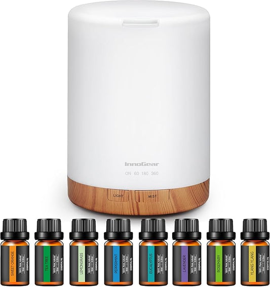 InnoGear Aromatherapy Diffuser & 8 Essential Oils Set, 300ml Premium 5-in-1 Ultrasonic Essential Oil Diffusers Scent Humidifier Aroma Diffuser Vaporizer Auto-Off Timer for Room Office Home, Yellow - Bloomnest