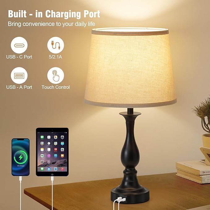 Bedside Table Lamp Touch Control Bedroom Lamps with USB A and C Charging Port 3 Way Dimmable Touch Lamps for Nightstand Living Room Bedroom Dorm Home Office Reading, Set of 2 - Bloomnest
