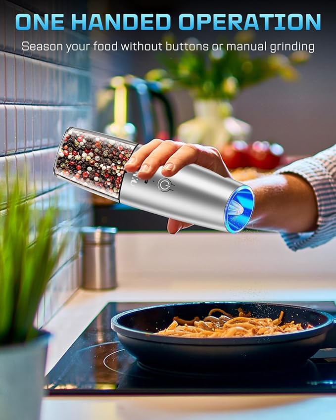 XinXu Gravity Electric Pepper and Salt Grinder Set, Adjustable Coarseness, with LED Light, One Hand Automatic Operation (Rechargeable Set/Silver X) - Bloomnest