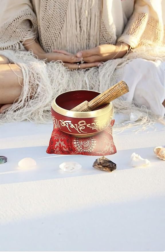 Ajuny Tibetan Singing Bowl Set Handmade Brass Sound Bowl for Meditation Yoga Chakra Healing Stress Relief Spiritual Mindfulness Authentic Unique Spiritual Gifts for Men & Women (Red) AJUNY