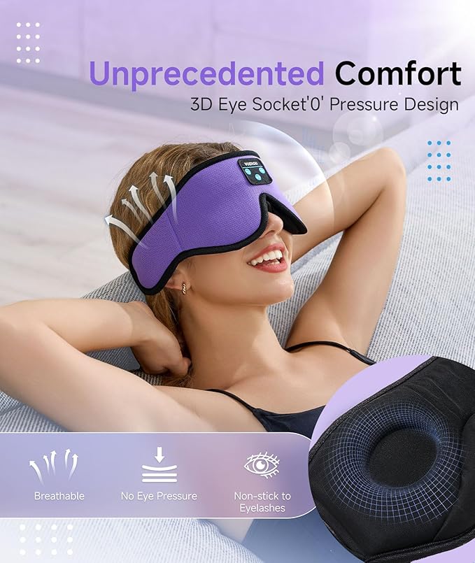Voerou Sleep Headphones Bluetooth 5.4 Eye Mask, Sleep Mask with Bluetooth Headphones Wireless for Side Sleepers, Bulit-in Ultra-Thin Stereo Speakers Suitable for Sleep, Cool Gadgets for Men Women - Bloomnest