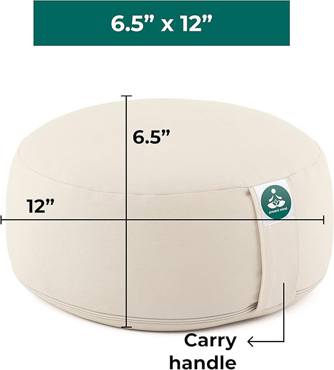 (Height 6.5") Round Zafu Yoga Bolster for Gymnastics & Meditation Made in the EU - Light Beige 100% Natural Cotton Yoga Meditation Buckwheat Meditation Cushion with Washable Covers - Bloomnest