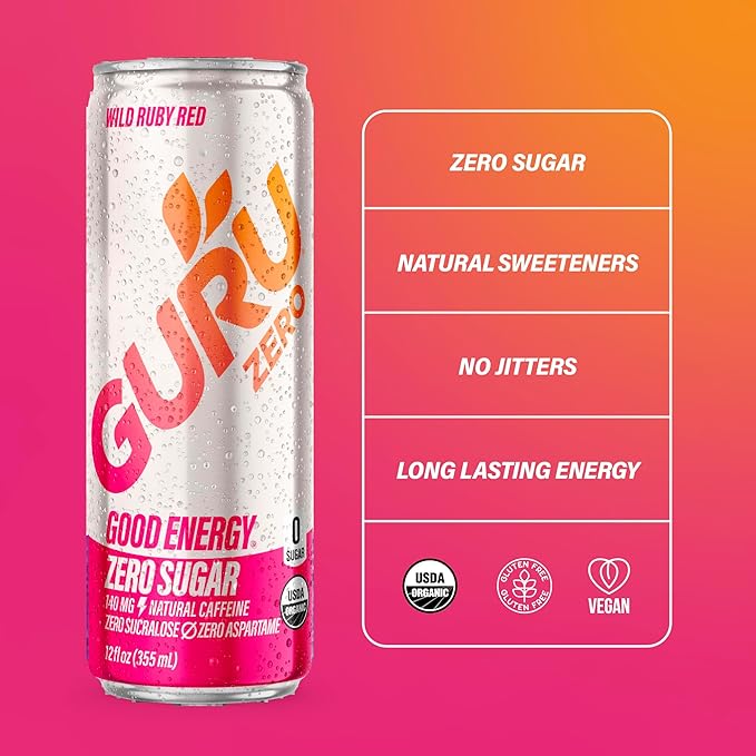 GURU ZERO SUGAR Wild Ruby Red Organic Energy Drinks, Clean Energy Drink with Plant Based Natural Caffeine from Green Tea, Coconut Water, Prebiotic, Zero Added sugars, Gluten Free and Vegan, Pre Workout, Healthy Drinks, 12oz (Pack of 24) - Bloomnest