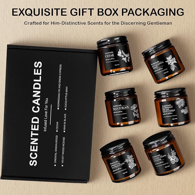 Scented Candle Set | Men Candle Set - 6 Pack Candles for Home Scented, Aromatherapy Candle for Men,150 Hour Burn Time, Masculine Candles Gifts for Birthday, Father's Day - Bloomnest