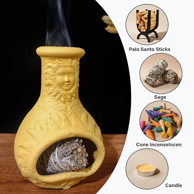 Palo Santo Burner Holder,Yellow Mini Chiminea with Chimney Handmade Smudge Bowl fits sage, Incense Cones, Sticks, Small Candle; with ash Collection. Great for Zen Meditation, Altar Fireplace - Bloomnest