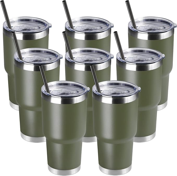 DOMICARE 30oz Tumbler Bulk with Lid and Straw, Double Wall Travel Coffee Mug, Insulated Vacuum Stainless Steel Tumblers, Powder Coated Tumbler Cup (Army Green, 8)
