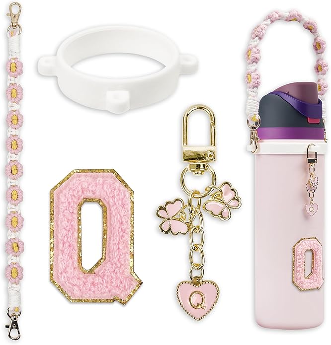 Compatible with Owala Water Bottle Accessories, Cute Letter Charm Set with Boho Handle Strap, Monogram Sticker, Silicone Ring, Keychain Decoration, for FreeSip 24 32 40oz, Owala Kids, Tumbler Gift SITKOL