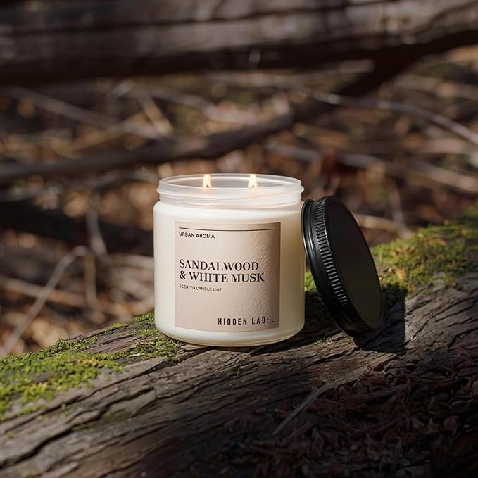 Hidden Label Sandalwood & White Musk Scented Candle - 12oz Natural Soy Non Toxic 70H Burn Time 2 Wick Aromatherapy Candle for Home Decor,Stress Relief & Relaxation - Bloomnest