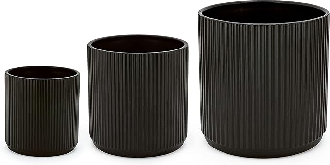 Amazon Basics Assorted Sizes Fluted Ceramic Round Planters, Set of 3, 6 inch, 8 inch, 10 inch, Black - Bloomnest