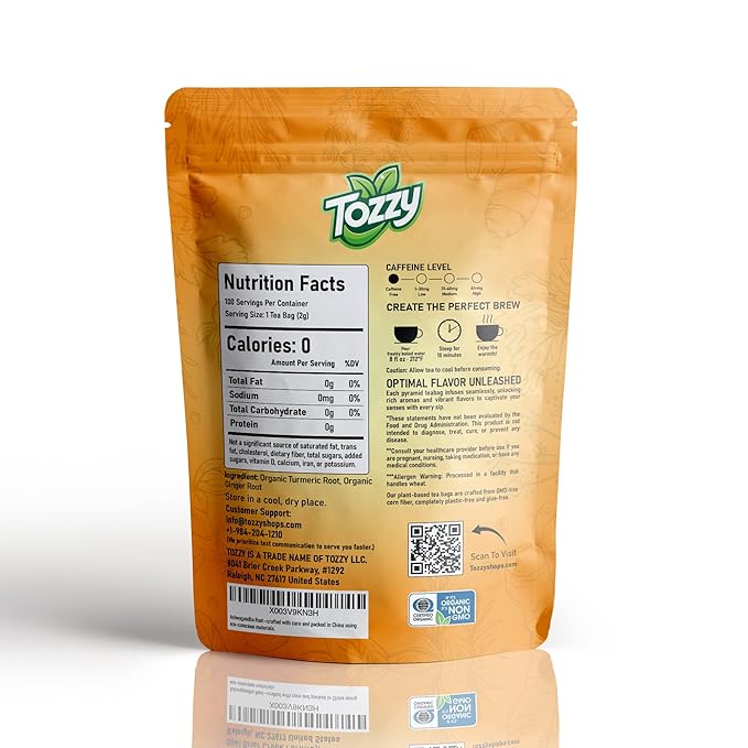 Tozzy Organic Turmeric Ginger Tea – 100 Count, Plant-Based Pyramid Tea Bags - Bloomnest