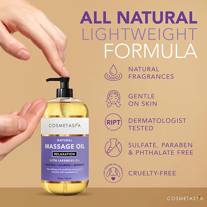 Cosmetasa Lavender Massage Oil for Massage Therapy - All Natural, Cruelty-Free & Spa Quality Skin Therapy Oil, Calming & Soothing Care - Lavender, Geranium & Grapeseed Oil (16.9 oz) - Bloomnest