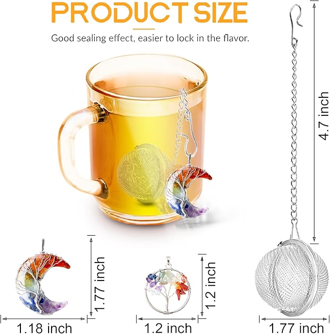 7 Chakra Healing Crystal Tea Infuser Set - Reiki Quartz Gemstone Wire Wrapped Crescent Moon & Tree of Life Pendants, Stainless Steel Loose Leaf Tea Steeper