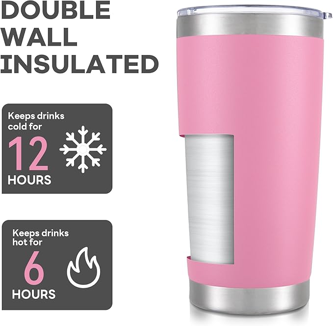 20 oz Tumbler with Lid Stainless Steel Insulated Tumblers Bulk Double Wall Vacuum Cups Powder Coated Travel Mug Keep Drink Cold and Hot, Pink, 8 Pack
