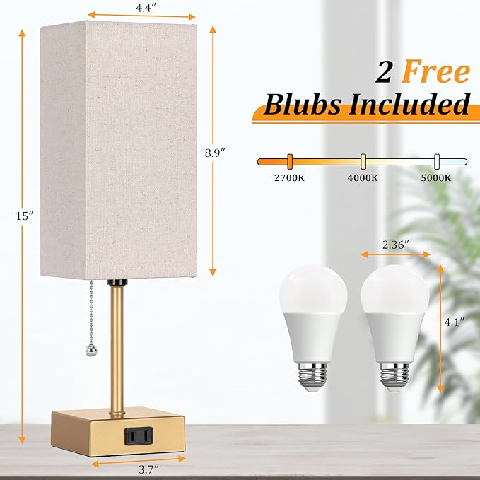 Table Lamp for Bedroom set of 2,3-Color Bedside Lamps with Pull Chain Table Lamps for Nightstand with AC Outlets,Small Night Light Lamps with 2 Bulbs Lamps for Living Room Kids Room Office Decor（Gold） - Bloomnest