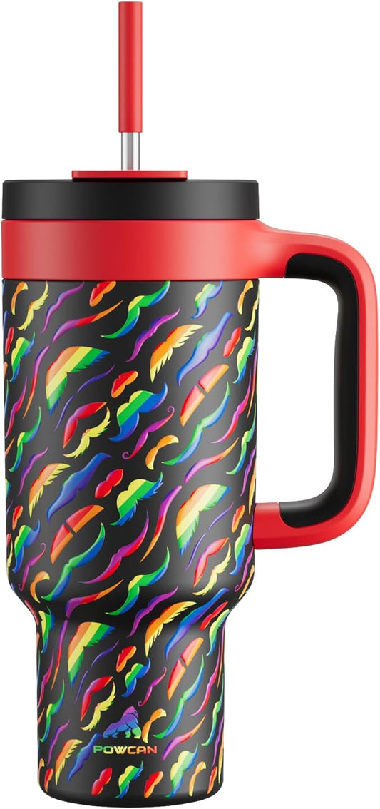 POWCAN 40 oz Tumbler with Handle, 2-in-1 Straw and Sip Lid, Leakproof, Dishwasher Safe, Insulated Stainless Steel Travel Coffee Mug, Keeps Cold for 34 Hours, Fits in Car Cup Holder (Rainbow Whiskers) - Bloomnest