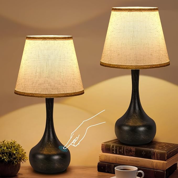 Touch Table Lamp for Bedroom Set of 2, Farmhouse 3-Way Dimmable Bedside Lamps for Nightstand with Fabric Shade, Lamps for Living Room，Desk Lamps for Home Office, Black Lamp for Bedroom - Bloomnest