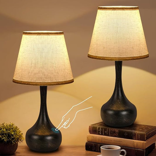 Touch Table Lamp for Bedroom Set of 2, Farmhouse 3-Way Dimmable Bedside Lamps for Nightstand with Fabric Shade, Lamps for Living Room，Desk Lamps for Home Office, Black Lamp for Bedroom - Bloomnest