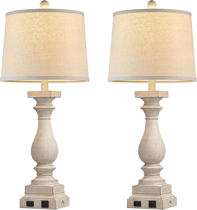 28" Tall Farmhouse Table Lamps with USB C+A Ports and AC Outlet, 3 Way Touch Control Rustic Bedside Lamps for Bedroom, Beige Vintage Nightstand Lamps for Living Room Office - Bloomnest