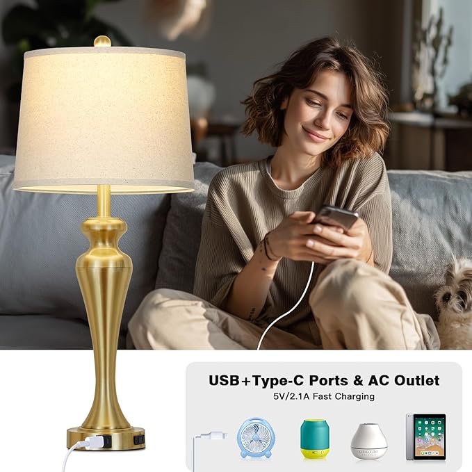 30" Gold Tall Table Lamps for Living Room, Touch Control Bedroom Lamp with USB A+C Ports and AC Outlet, 3-Way Dimmable Bedside Table Lamps Set of 2, Modern Metal Lamp for Nightstand - Bloomnest