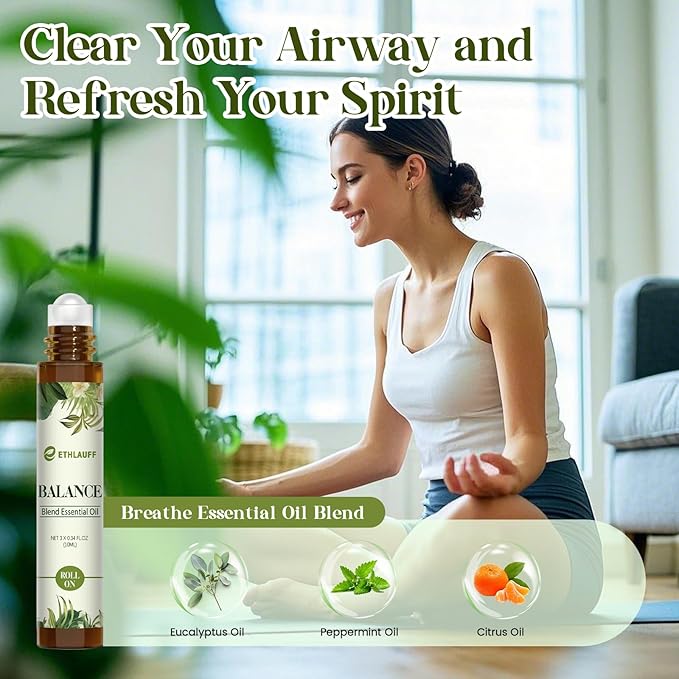 Essential Oils Roll On Set 3 Pack (Breathe, Focus on, Balance) - Essential Oil Blend Stress Relief Gift Aromatherapy Self Care Gift for Women, 3 * 10ml - Bloomnest