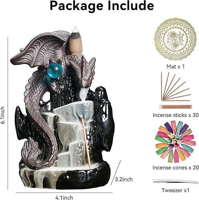 Ceramic Backflow Incense Holder, Waterfall Incense Burner with 20 Backflow Incense Cones + 30 Incense Stick, Dragon Backflow Incense Burner for Aromatherapy Ornament Home Decor - Bloomnest