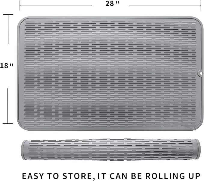 Silicone Dish Drying Mat for Multiple Usage,Easy clean,Eco-friendly,Heat-resistant Silicone Mat for Kitchen Counter or Sink,Refrigerator or Drawer Liner Grey 3XL 28 inches x 18 inches - Bloomnest