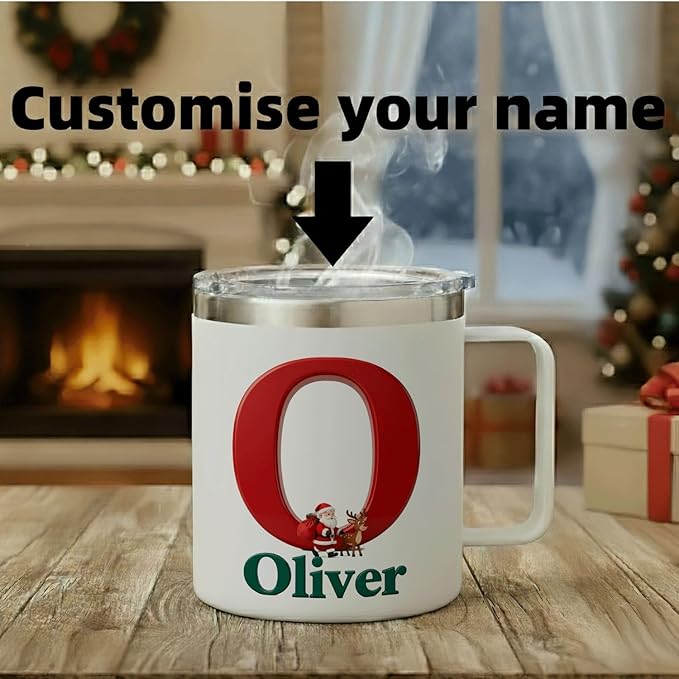 Personalized Christmas Insulated Mug w/Handle, Custom Initial Name, Santa Reindeer Design, Stainless Steel Tumbler, Hot/Cold Drinks, Unique Holiday Gift for Men, Women, Kids(B121) - Bloomnest
