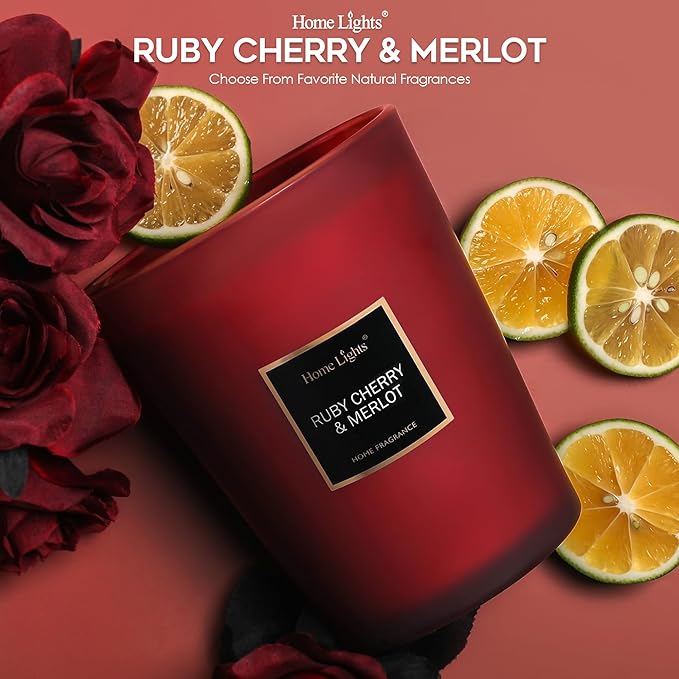 HomeLights Scented Candles - Large Jar Aromatherapy, Natural Soy Wax, 130 Hour Long Burning, Ruby Cherry & Merlot - Bloomnest