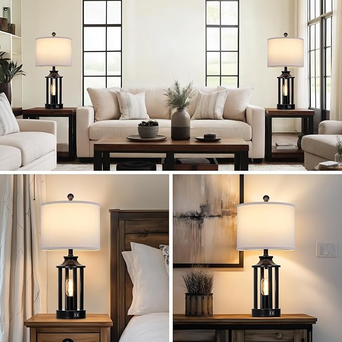 Black Living Room Lamps Set of 2, 3 Way Dimmable Touch Control Farmhouse Table Lamps with 2 USB Ports, Retro Bedside Lamp with 2 LED Nightlight,Rustic Bedroom Lamp for Nightstand(4 LED Bulbs Included) - Bloomnest