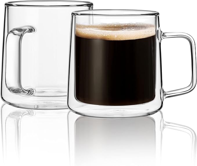 CNGLASS 10oz Glass Coffee Mugs,Double Wall Insulated Glass Mugs with Handle,Clear Espresso Mug for Latte,Cappuccino,Tea Bag,Set of 2 - Bloomnest