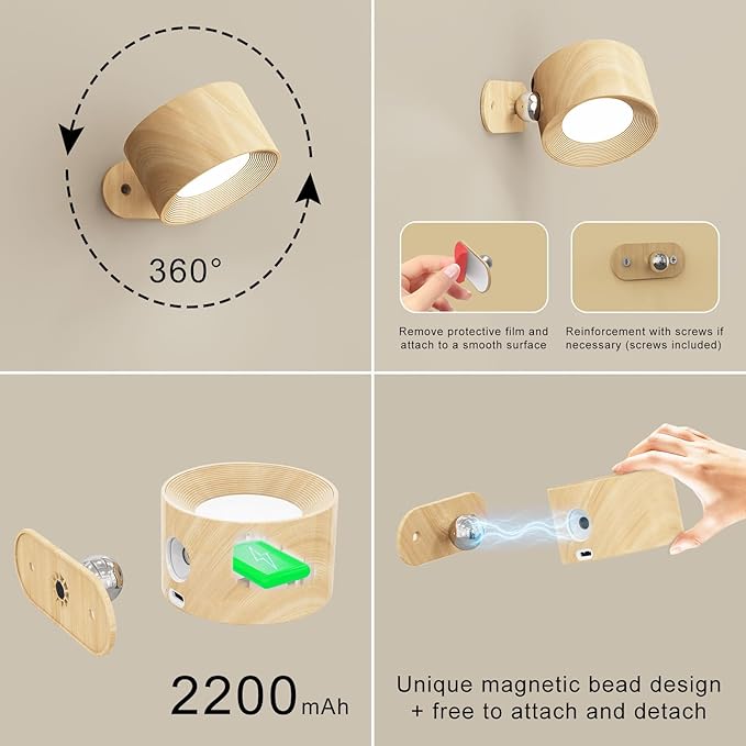 2Pack Battery Operated Wall Sconce, 3 Color Modes 3 Brightness Levels 360°Rotation Lighting Touch Control, Wall Mounted Lamp LED Wall Lights for Bedroom Reading Bedside, Wall Sconces Set of Two - Bloomnest