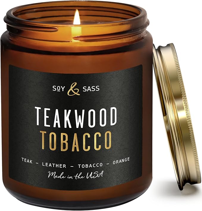 Teakwood & Tobacco Candle I Scented Black Candles for Men or Women - Teakwood, Tobacco & Orange Soy Wax Mens Candle - Infused w/Essential Oils | Long-Lasting 50Hr Burn, 9oz I Non Toxic I Made in USA - Bloomnest