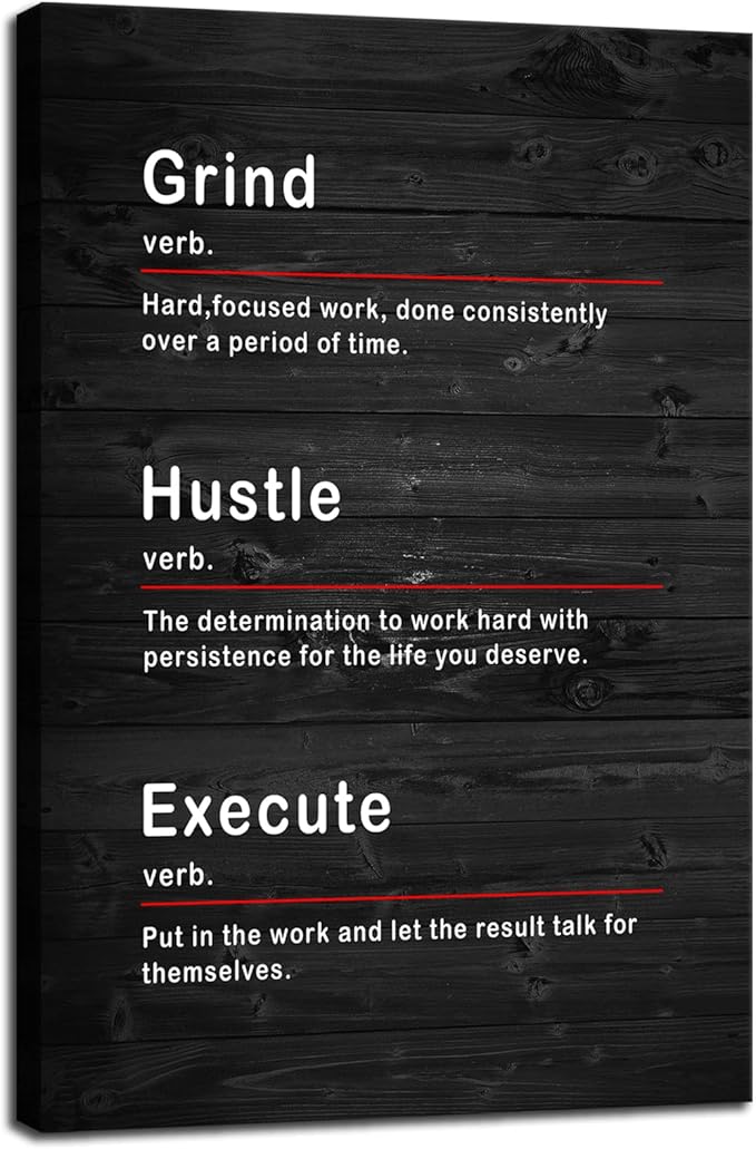 Motivational Poster Grind Hustle Execute Verb Inspirational Wall Art Canvas Prints Artwork for Company Modern Office Wall Decor Painting Pictures Home Living Room Framed Ready to Hang[24''W x 36''H] - Bloomnest