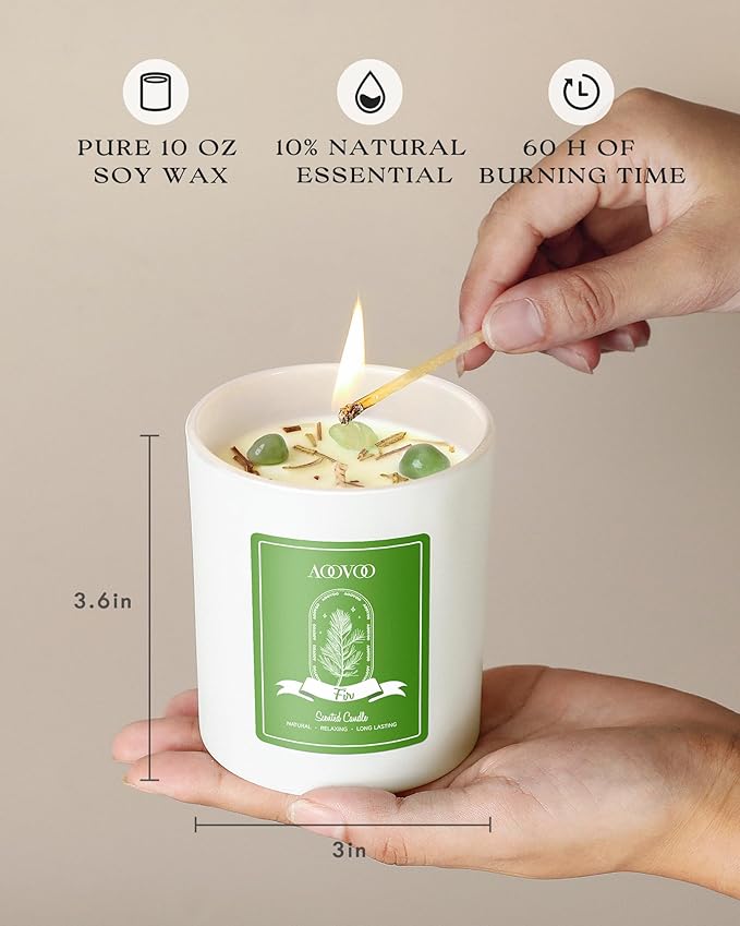 AOOVOO Fir Scented Candles for Women - Aromatherapy Candle with Crystals Inside, 10oz Soy Candles for Home Scented, Birthday Gifts Christmas Candle for Women Mom - Bloomnest