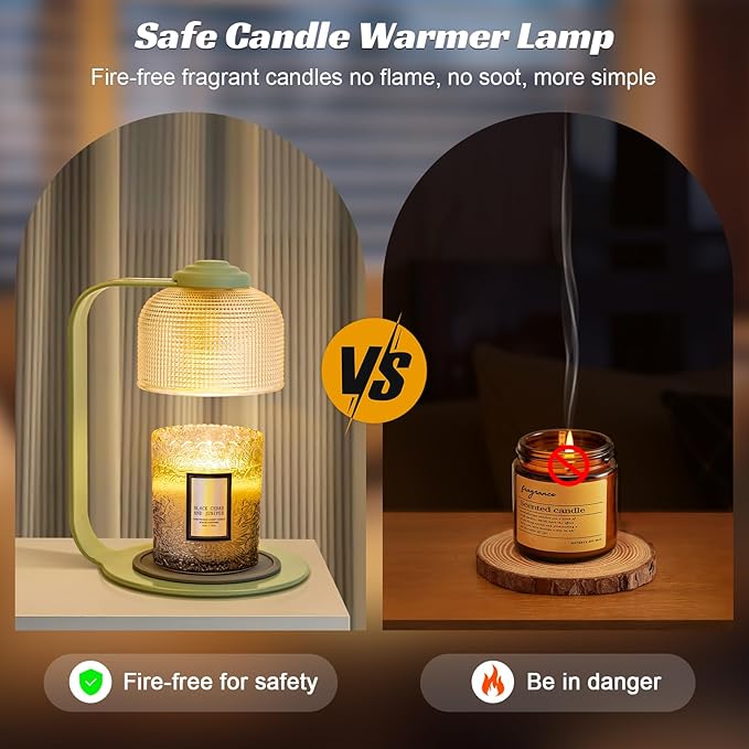 Candle Warmer Lamp with Clear Glass Globe and Timer & Dimmable Light - Jar Candle Melter Green Minimalist Metal Frame, Home Decor Gift Set (Includes 2 Bulbs) - Bloomnest