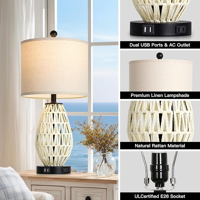White Rattan Table Lamps Set of 2, 3 Way Dimmable Touch Control Bedside Lamp for Nightstand with 2 USB Ports and AC Outlet, Woven Wicker Bedroom Lamp, Boho Farmhouse Lamps for Living Room End Table - Bloomnest